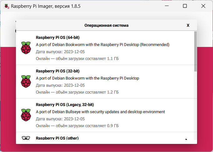 Выбор версии операционной системы Raspberry Pi OS