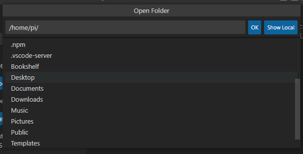 Выбор удалённой папки Raspberry Pi в VS Code SSH