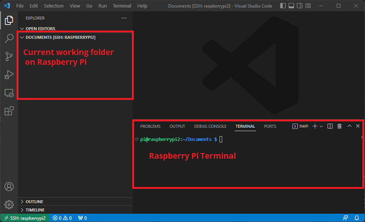 Рабочая область VS Code на удалённом Raspberry Pi