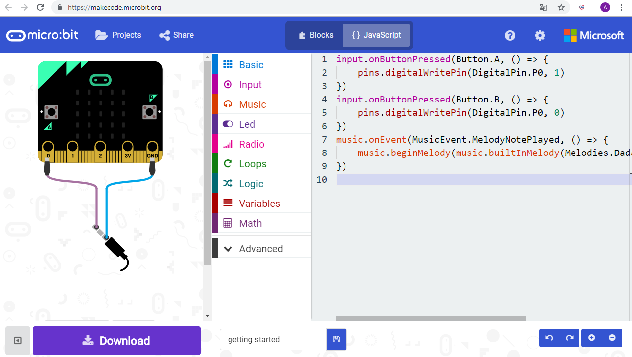 Текстовой редактор JavaScript для BBC microbit