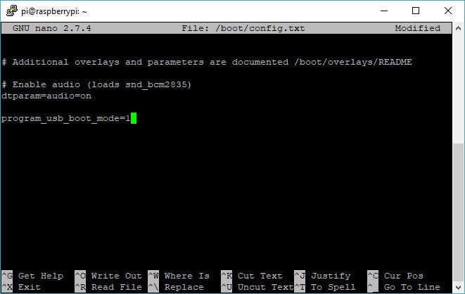 Добавление строки program_usb_boot_mode=1 в config.txt