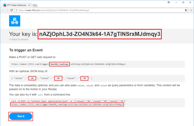 IFTTT тестовая страница Webhooks