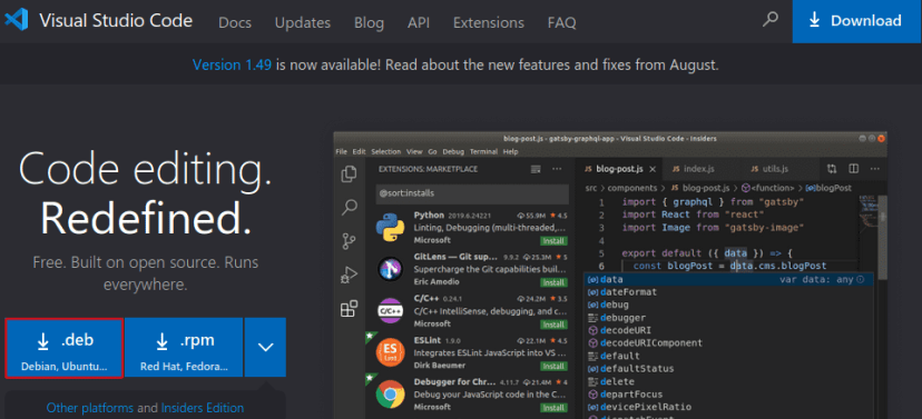 Страница загрузки Microsoft Visual Studio Code VS Code для Linux Ubuntu