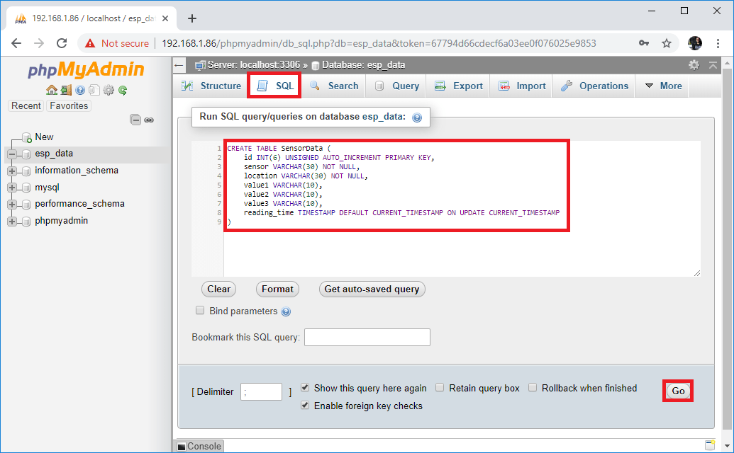 Raspberry Pi phpMyAdmin выполнение SQL-запроса