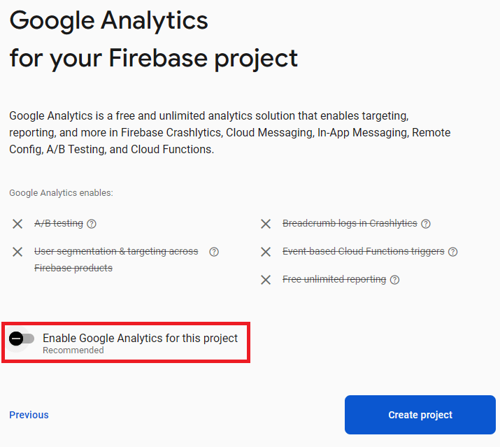 Отключение Google Analytics для проекта Firebase