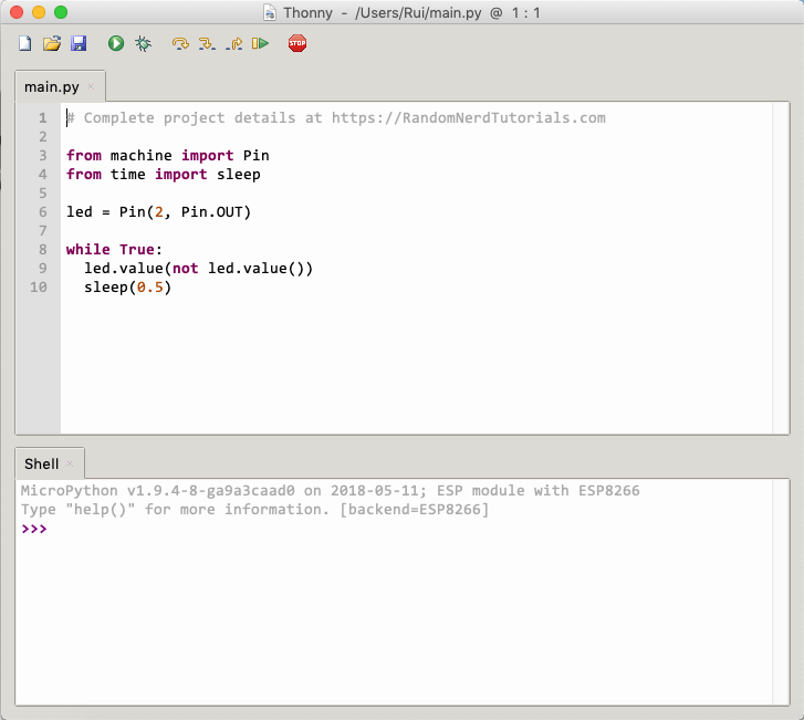 Thonny IDE открыта на Mac OS X