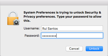 Ввод пароля для разблокировки Mac OS X