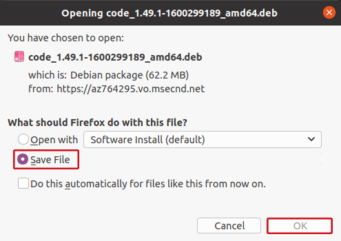 Сохранение установочного файла Microsoft Visual Studio Code VS Code для Linux Ubuntu