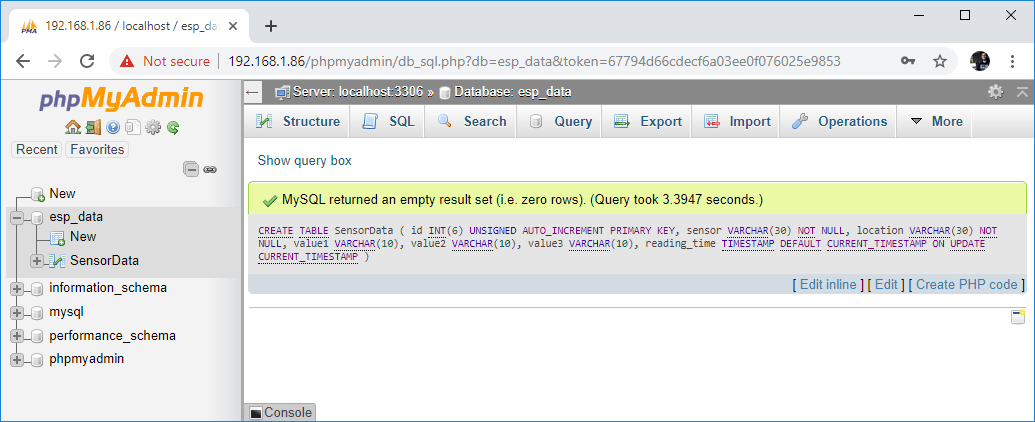 Raspberry Pi phpMyAdmin SQL-таблица создана