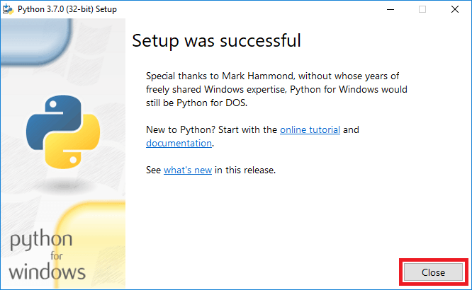 Успешная установка Python на Windows