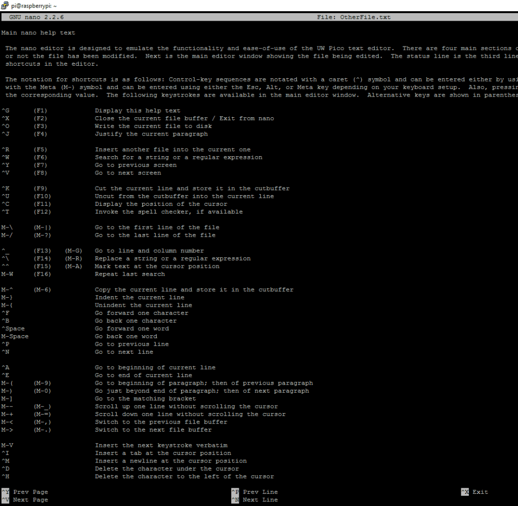 Меню справки nano со списком горячих клавиш