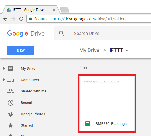 Google Drive папка IFTTT с таблицей