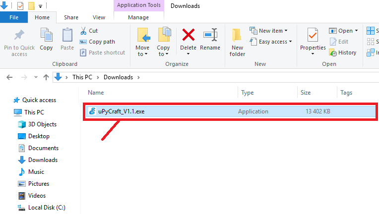 Файл uPyCraft IDE в папке загрузок Windows