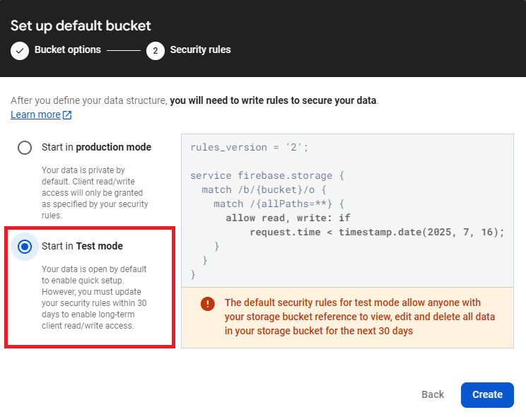 Firebase Storage Bucket — запуск в тестовом режиме