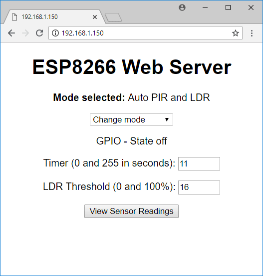 Веб-сервер — режим Auto PIR и LDR
