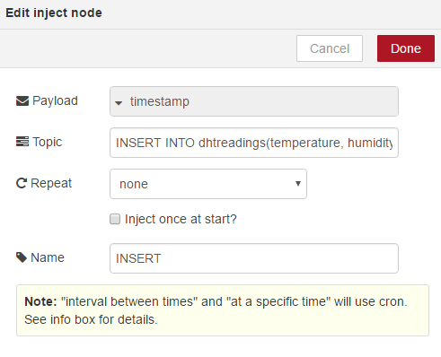 Настройка узла inject INSERT