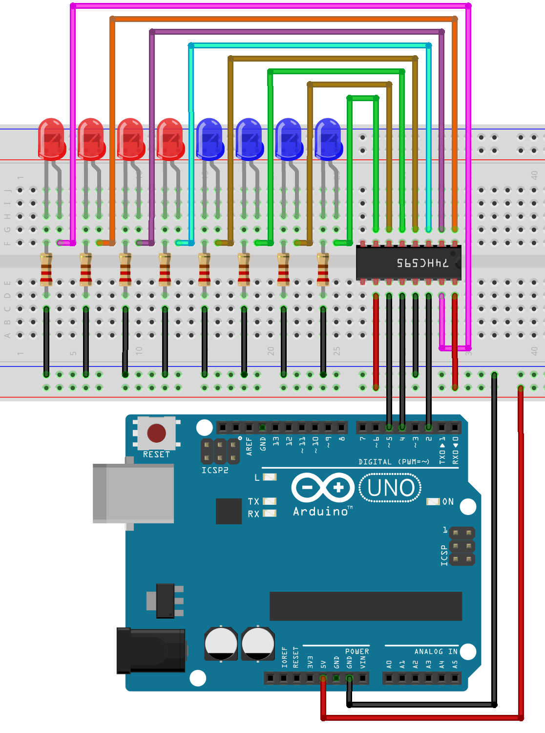 74HC595 + 8 LED; пины Arduino D2 (DS), D4 (ST_CP), D5 (SH_CP)