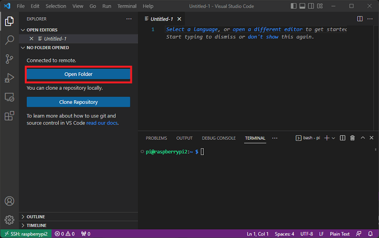 Открытие новой папки на удалённой машине через SSH в VS Code