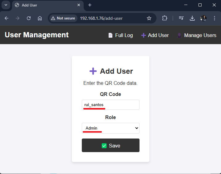 ESP32-CAM QR Code Reader Web Server — добавление нового пользователя с ролью