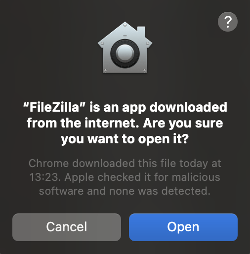 Разрешение Mac открыть установочный файл FileZilla FTP Client