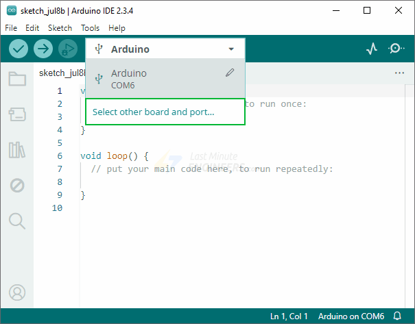 Меню выбора платы и порта в Arduino IDE 2