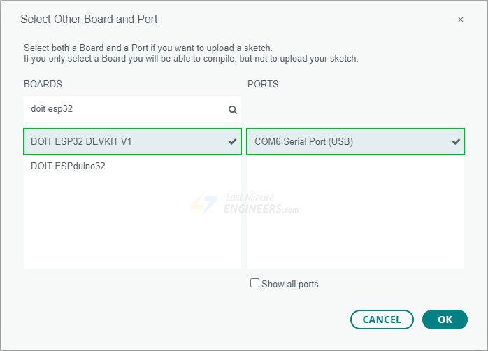 Выбор платы ESP32 и порта в Arduino IDE 2
