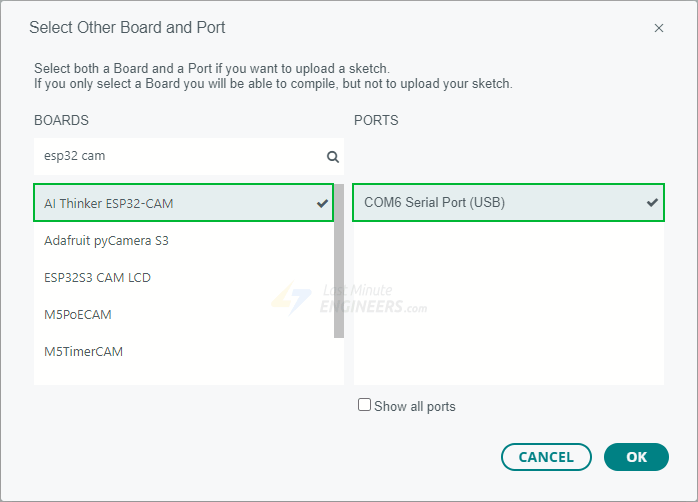 Выбор платы и порта ESP32-CAM в Arduino IDE 2
