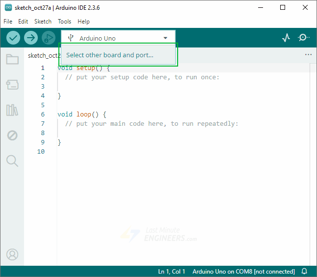 Выпадающее меню выбора платы и порта в Arduino IDE