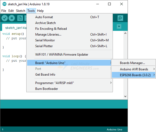 Опция ESP8266 в менеджере плат Arduino IDE