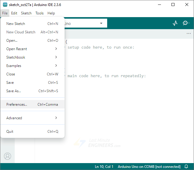 Меню File в Arduino IDE
