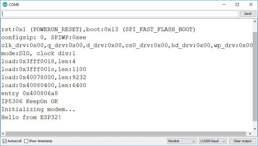 Initializing the T-Call ESP32 SIM800L Board Serial Monitor Arduino IDE
