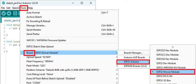 Arduino IDE — выбор ESP32 Wrover Module