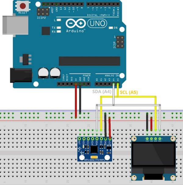 Схема подключения Arduino с гироскопом-акселерометром MPU-6050 и OLED-дисплеем Fritzing