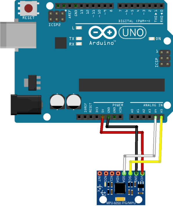 Схема подключения Arduino с MPU-6050 акселерометром и гироскопом Fritzing