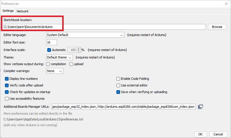 Расположение Sketchbook в Arduino