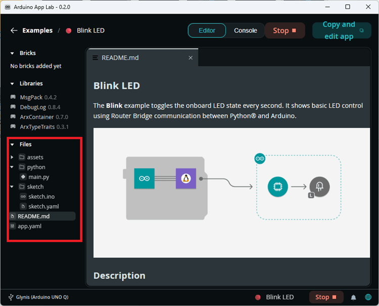 Arduino App Lab — папки для примера приложения Blink LED