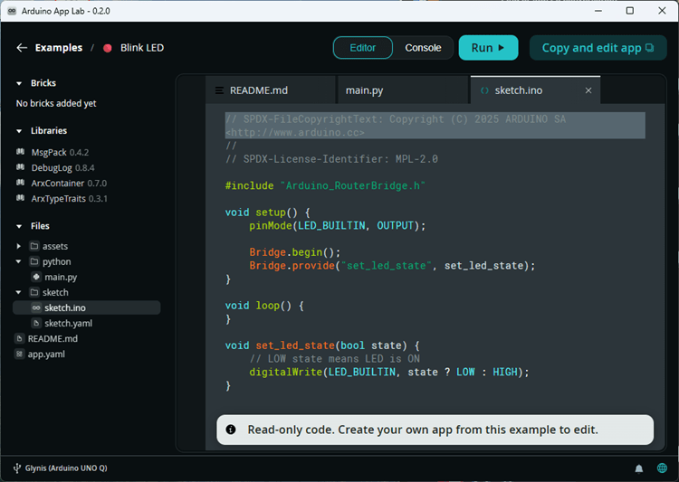 Пример приложения Blink LED — скетч Arduino
