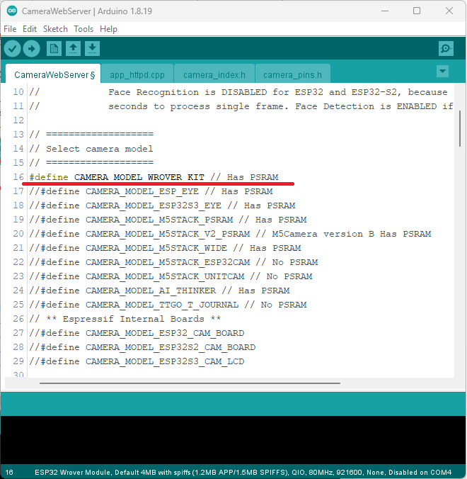 Пример CameraWebServer — выбор camera wrover kit