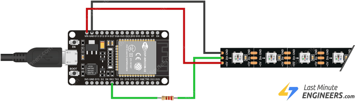 Подключение адресной светодиодной ленты WS2812B к ESP32 с питанием от USB