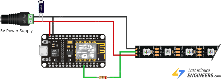 Подключение адресной LED-ленты WS2812B к ESP8266 с внешним питанием 5V