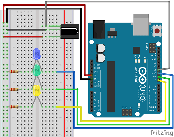 Схема подключения 3 светодиодов с ИК-приемником и Arduino