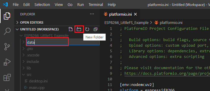 Создание папки data в VS Code PlatformIO ESP8266