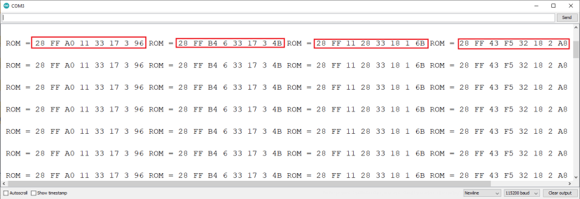 Получение адресов DS18B20 в Serial Monitor
