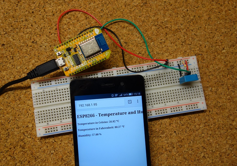 Веб-сервер ESP8266 с DHT на макетной плате