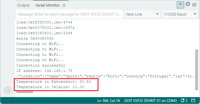 Получение температуры из API - ESP32 - Serial Monitor