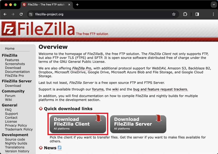 Скачивание FileZilla File Transfer Protocol FTP Client на Mac компьютер