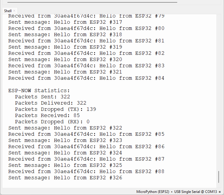 ESP32 ESP-NOW трансивер — двусторонняя связь — результаты в консоли MicroPython shell