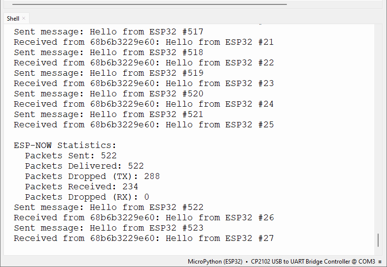 ESP32 ESP-NOW трансивер — двусторонняя связь — результаты в консоли MicroPython shell