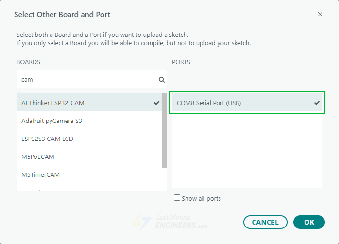 Выбор порта ESP32-CAM
