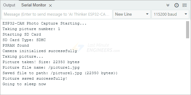 Вывод монитора порта при сохранении фотографий на microSD-карту ESP32-CAM